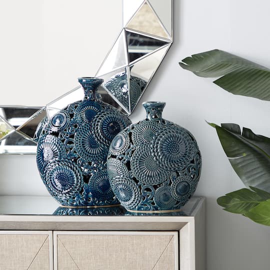 Set of 2 Blue Stoneware Eclectic Vase, 16", 13"